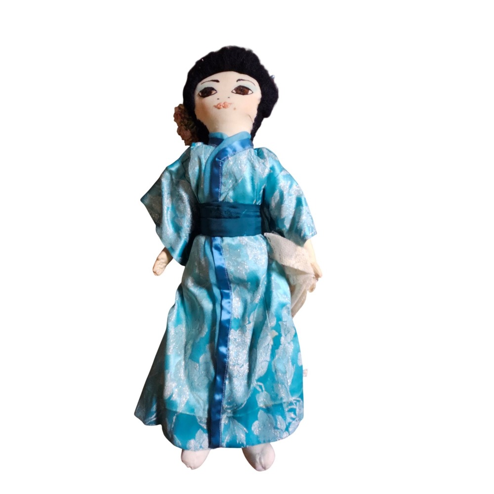 VTG 60s‎ Handmade Cloth Doll 18" Geisha Floral Brocade Kimono Japanese Folk Art